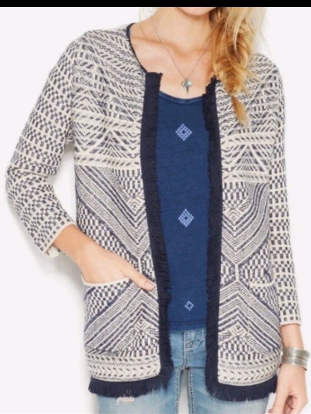 Lucky Brand Aztec Fringe Open Front Cardigan Navy Blue Cream Boho Southwest S